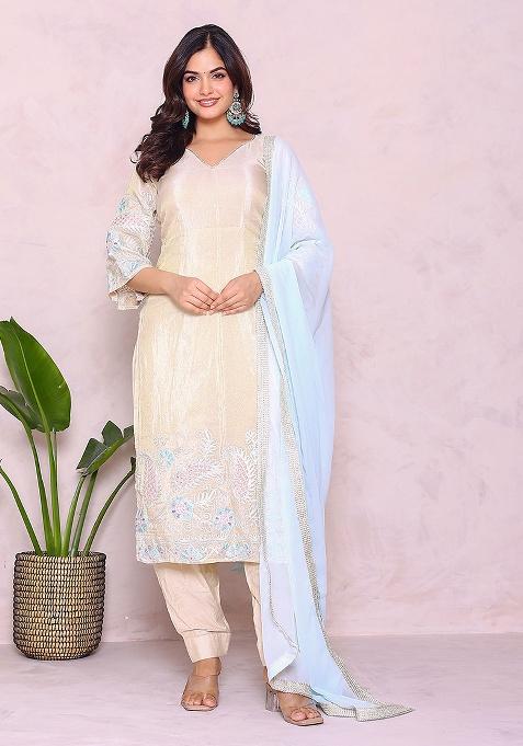 Off White Embroidery Zari Tissue Kurta Set
