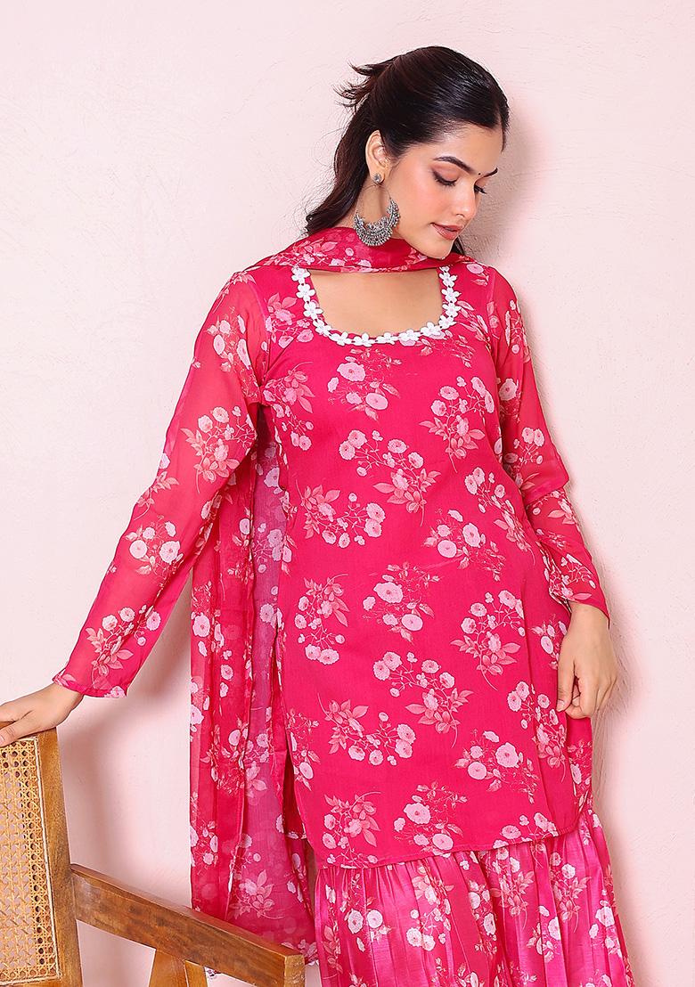 Fuchsia Printed Chiffon Kurta Set - Indya