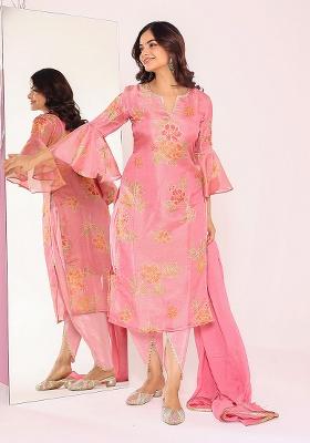 Pink Printed Zari Tissue Kurta Set