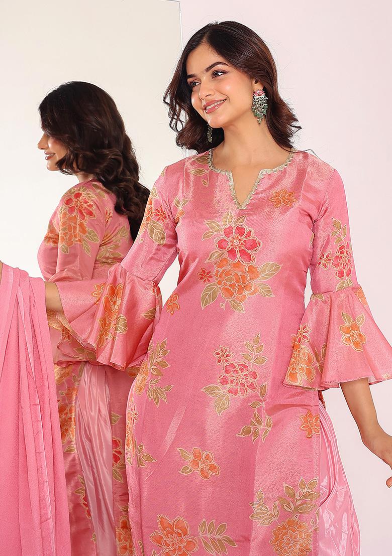 Pink Printed Zari Tissue Kurta Set - Indya
