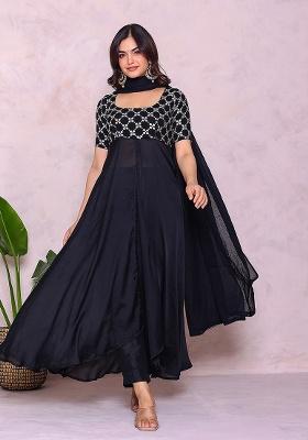 Black Embroidered Cotton Anarkali Set