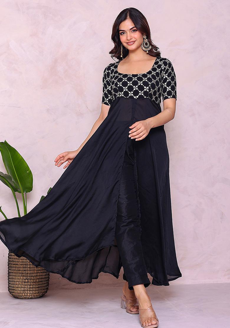 Black Embroidery Cotton Kurta Set - Indya