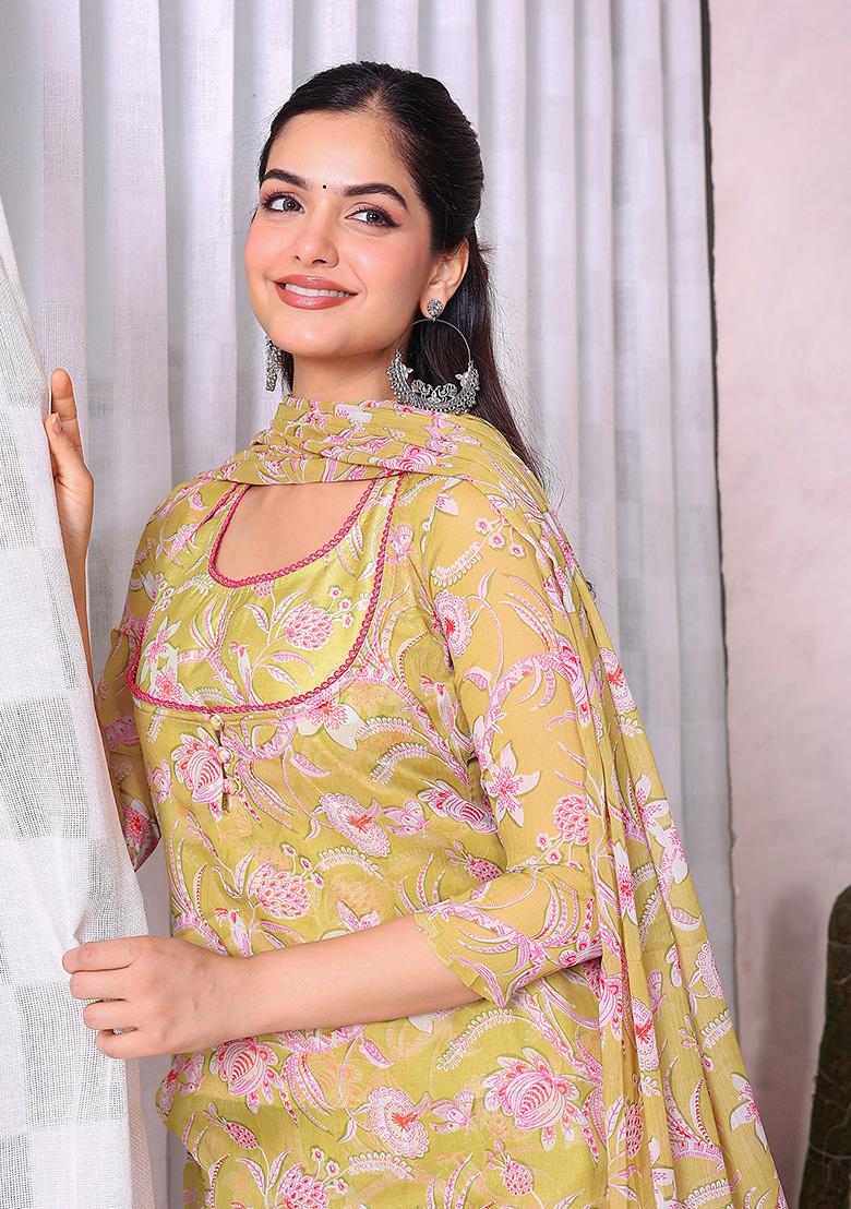 Green Printed Chiffon Kurta Set - Indya