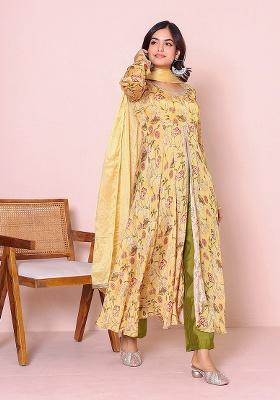 Yellow Printed Chinon Kurta Set