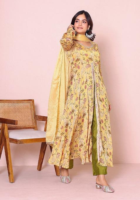 Yellow Printed Chinon Kurta Set