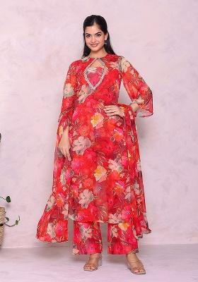 Red Printed Chiffon Kurta Set
