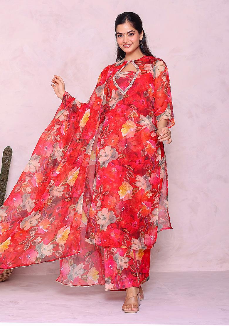 Red Printed Chiffon Kurta Set - Indya