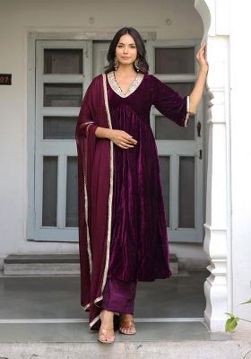 Wine Embroidery Velvet Kurta Set