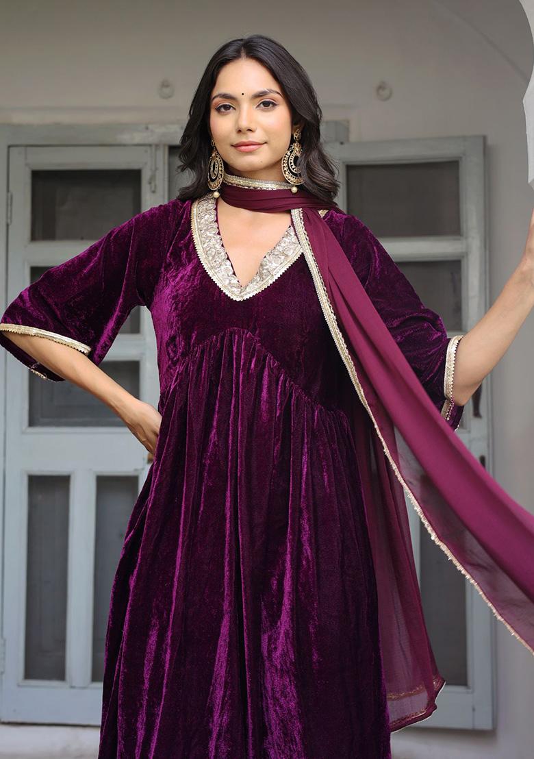 Wine Embroidery Velvet Kurta Set - Indya