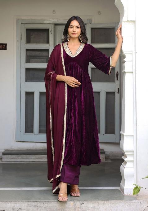 Wine Embroidery Velvet Kurta Set