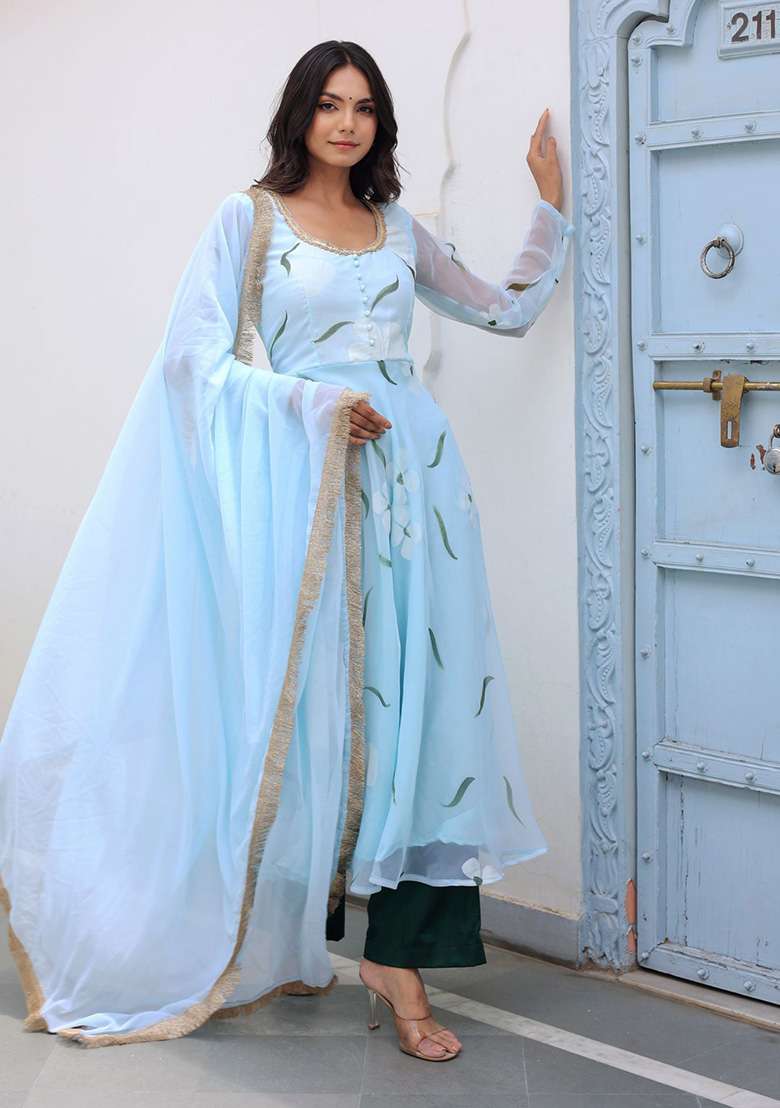 Blue Embroidered Georgette Anarkali Set - Indya