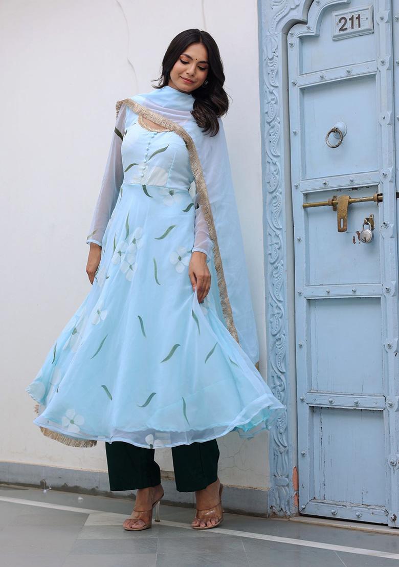 Blue Hand Paint Georgette Kurta Set - Indya