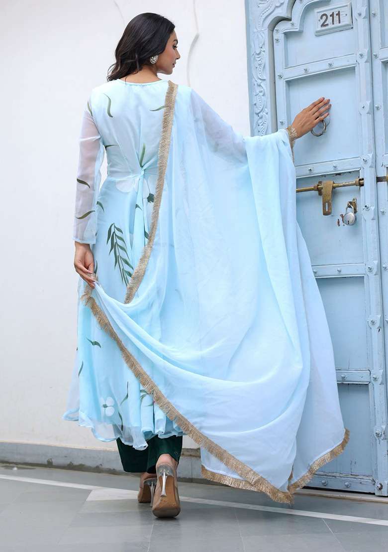 Blue Embroidered Georgette Anarkali Set - Indya