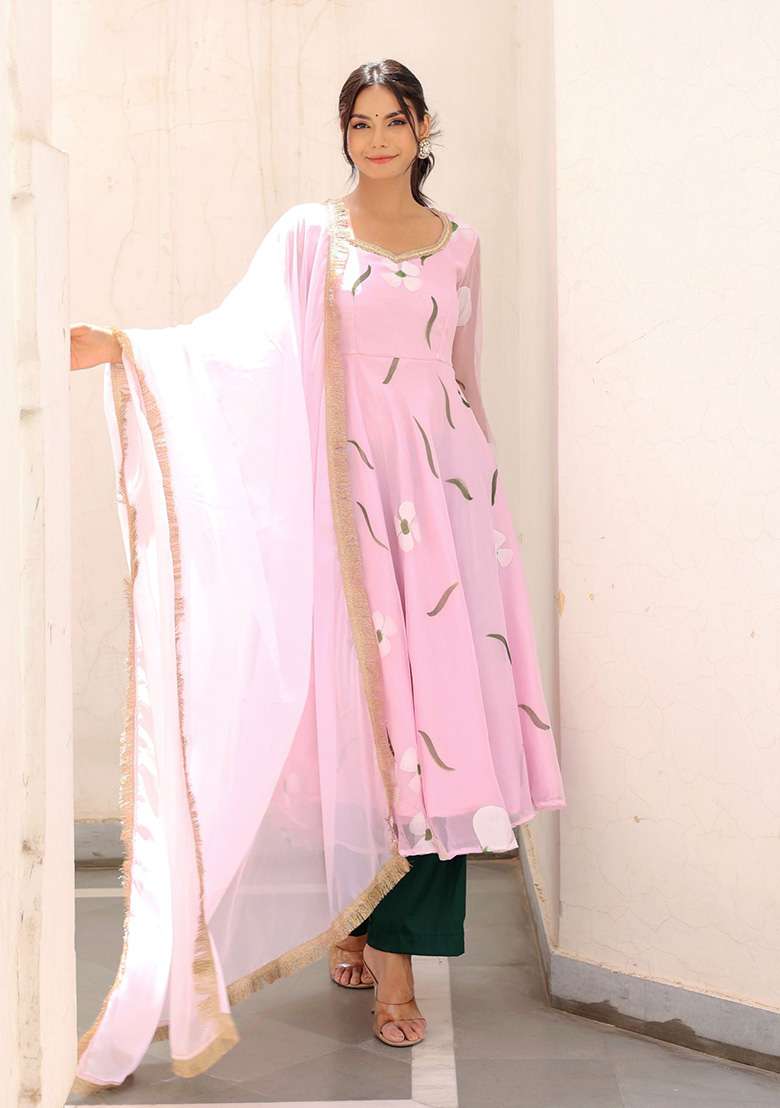 Pink Embroidered Georgette Anarkali Set - Indya