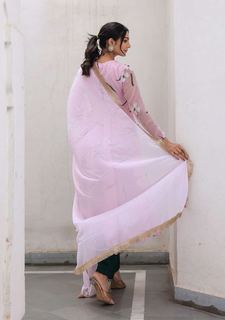Pink Embroidered Georgette Anarkali Set - Indya