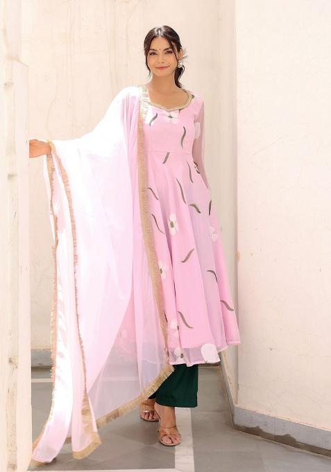 Pink Hand Paint Georgette Kurta Set