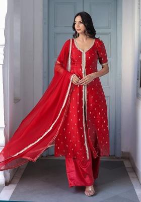 Red Embroidery Chinon Kurta Set