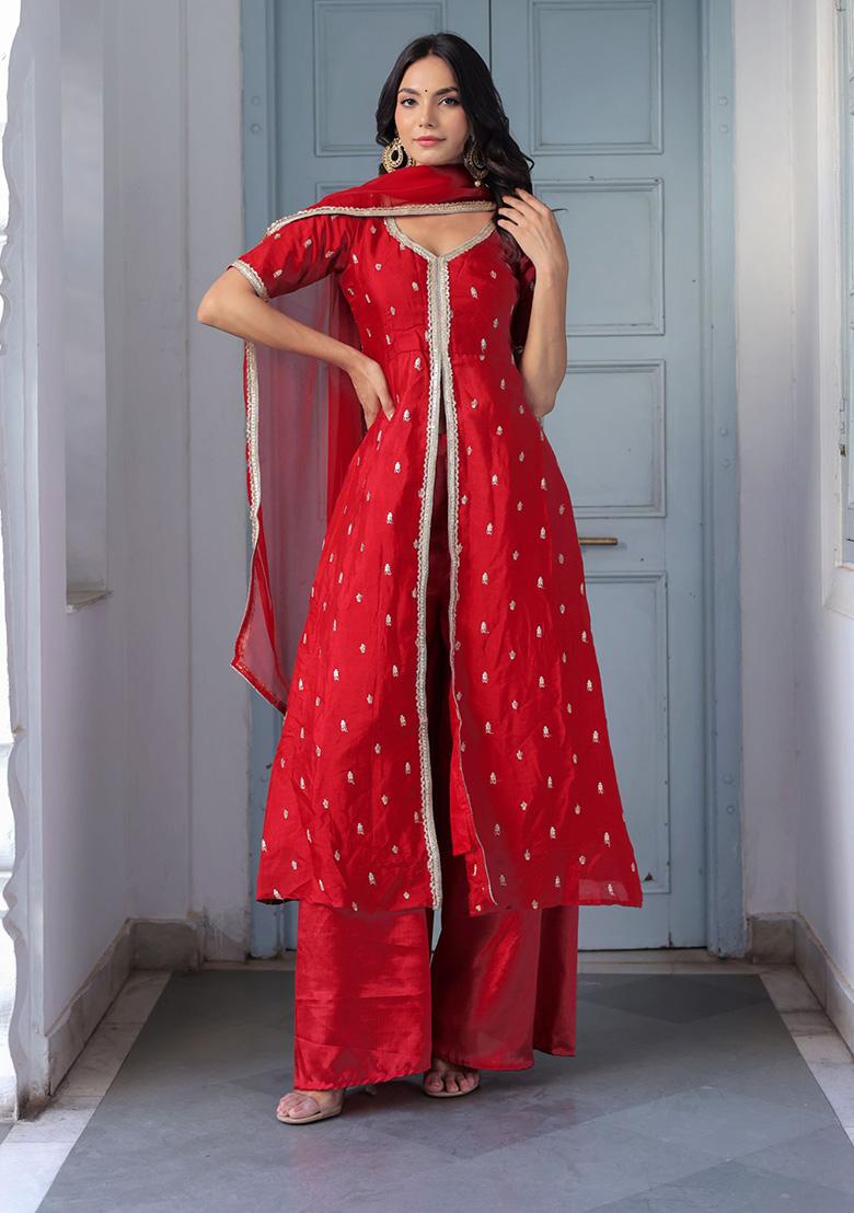 Red Embroidery Chinon Kurta Set - Indya