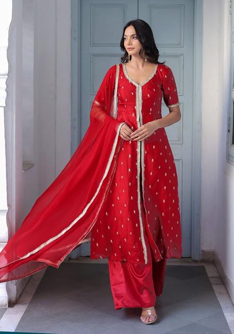 Red Embroidery Chinon Kurta Set