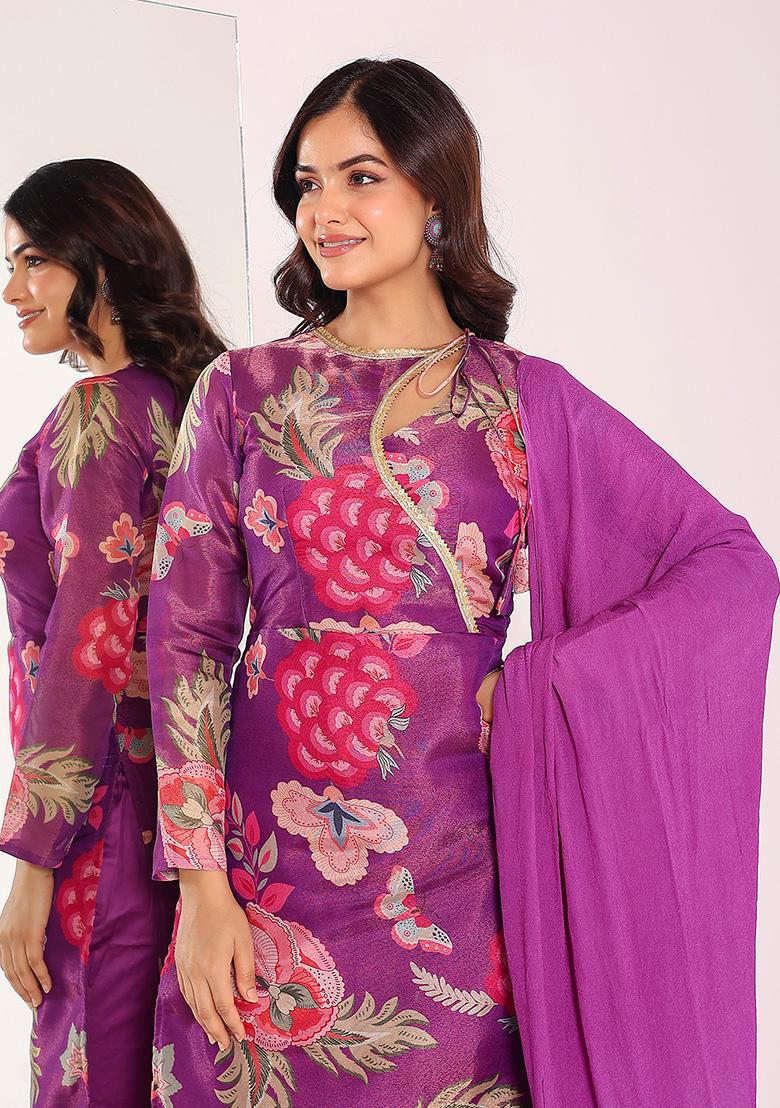 Purple Printed Zari Tissue Kurta Set - Indya