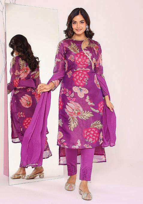 Purple Printed Zari Tissue Kurta Set