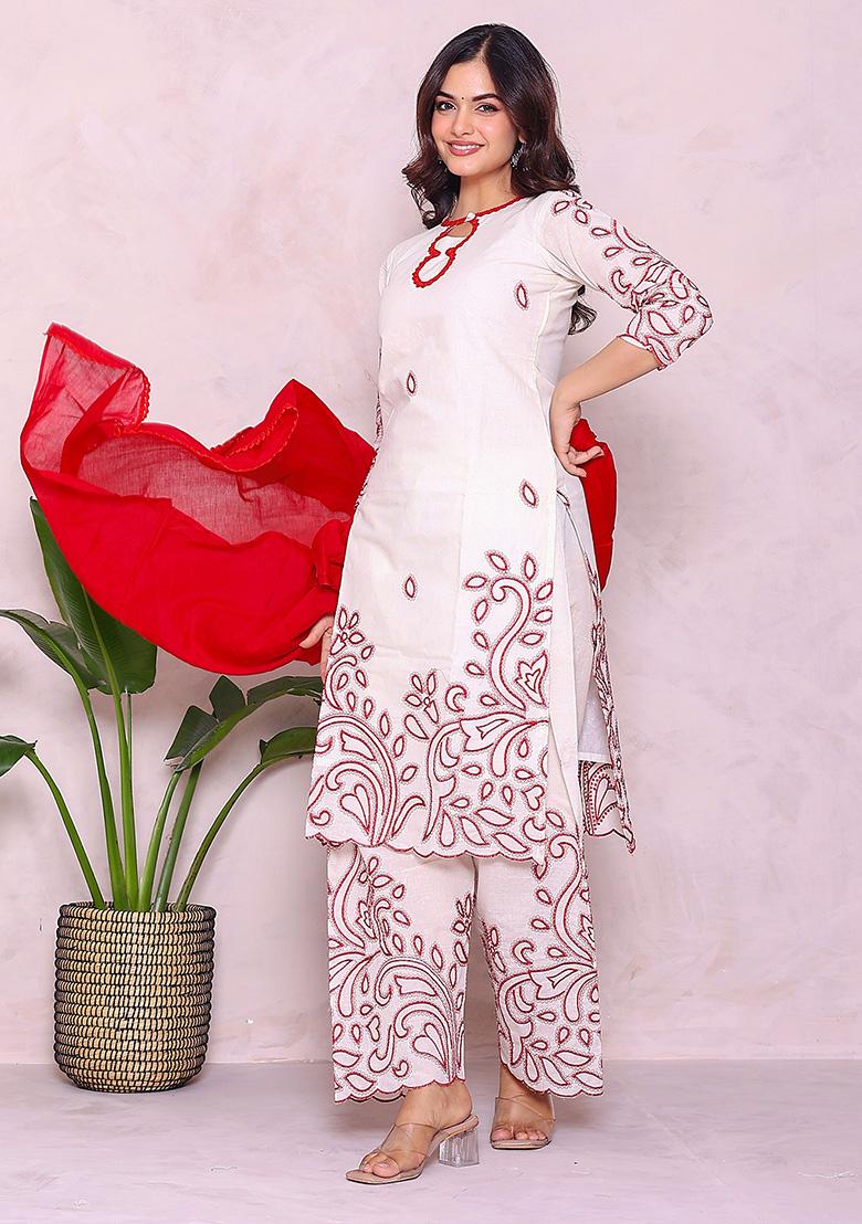 Off White Embroidery Cotton Kurta Set - Indya