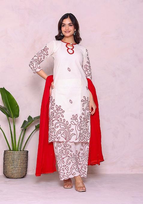 Off White Embroidery Cotton Kurta Set