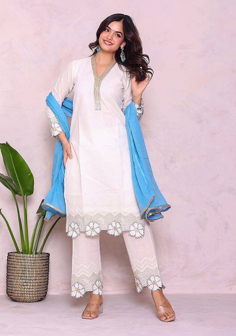 Off White Embroidery Cotton Kurta Set - Indya