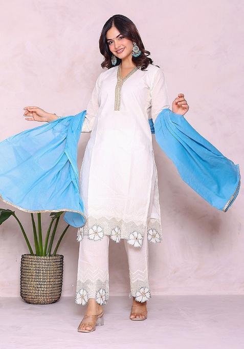Off White Embroidery Cotton Kurta Set