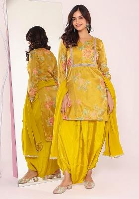 Yellow Printed Zari Tissue Kurta Set