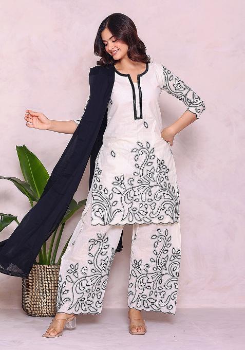 Off White Embroidery Cotton Kurta Set