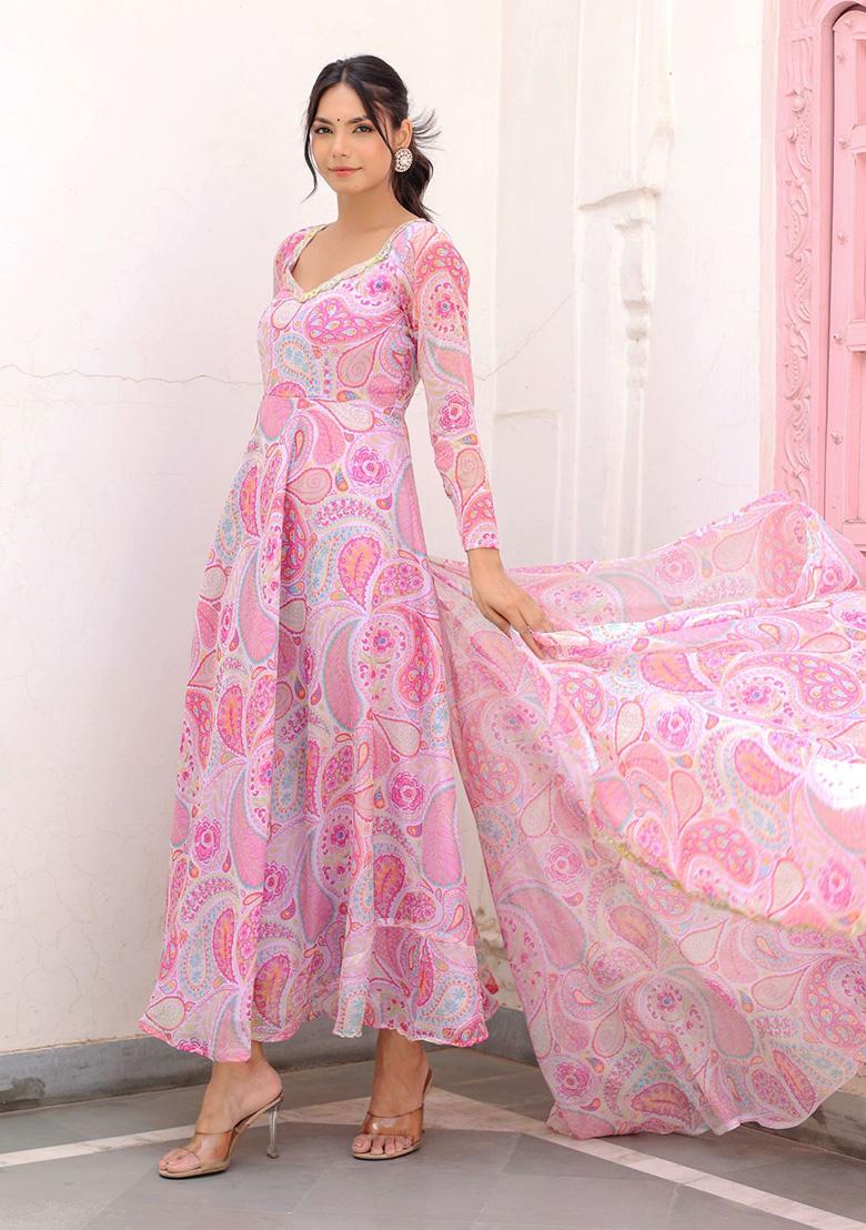 Pink Printed Chiffon Kurta Set - Indya