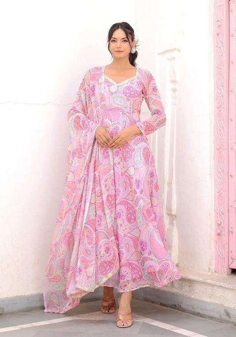 Pink Printed Chiffon Kurta Set