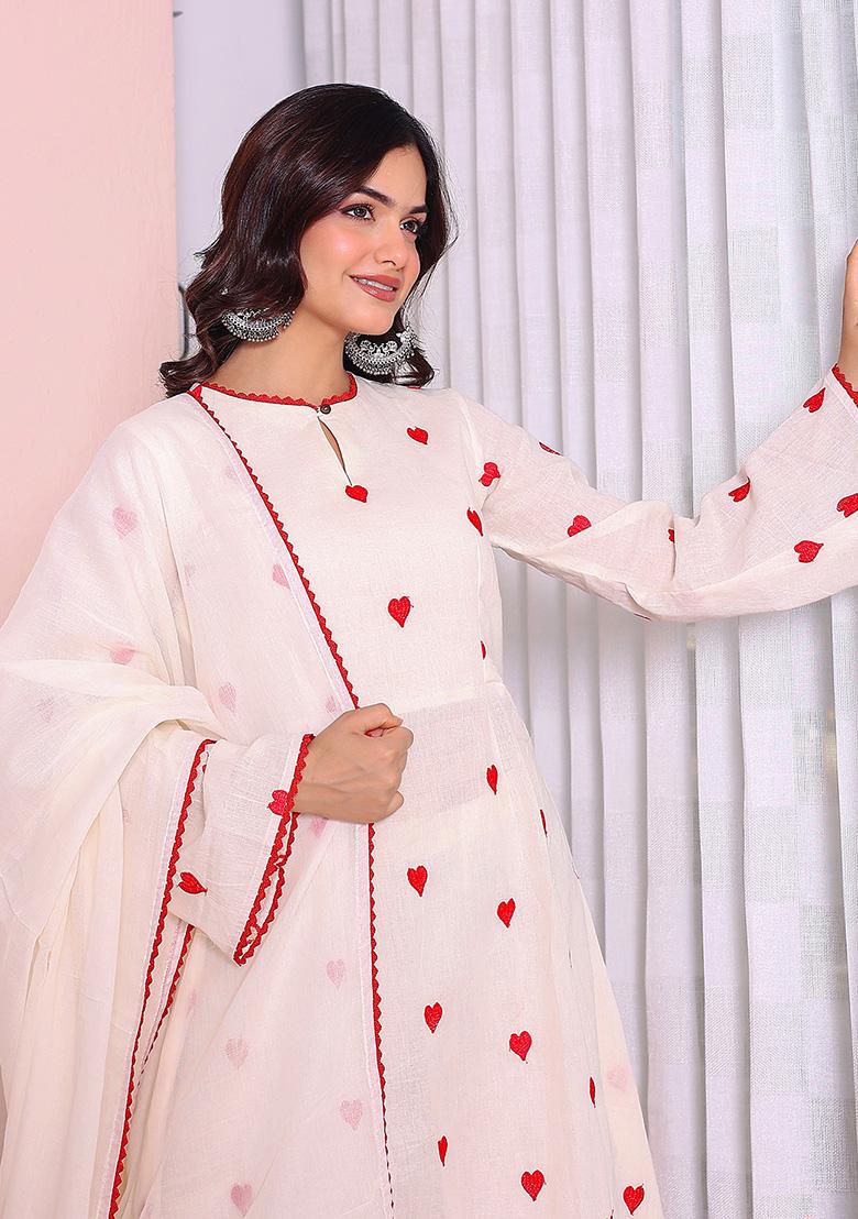 Off White Embroidery Cotton Kurta Set - Indya