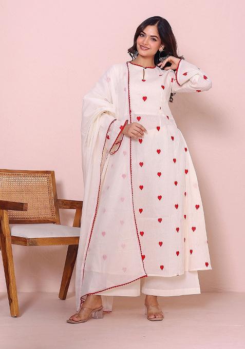 Off White Embroidery Cotton Kurta Set