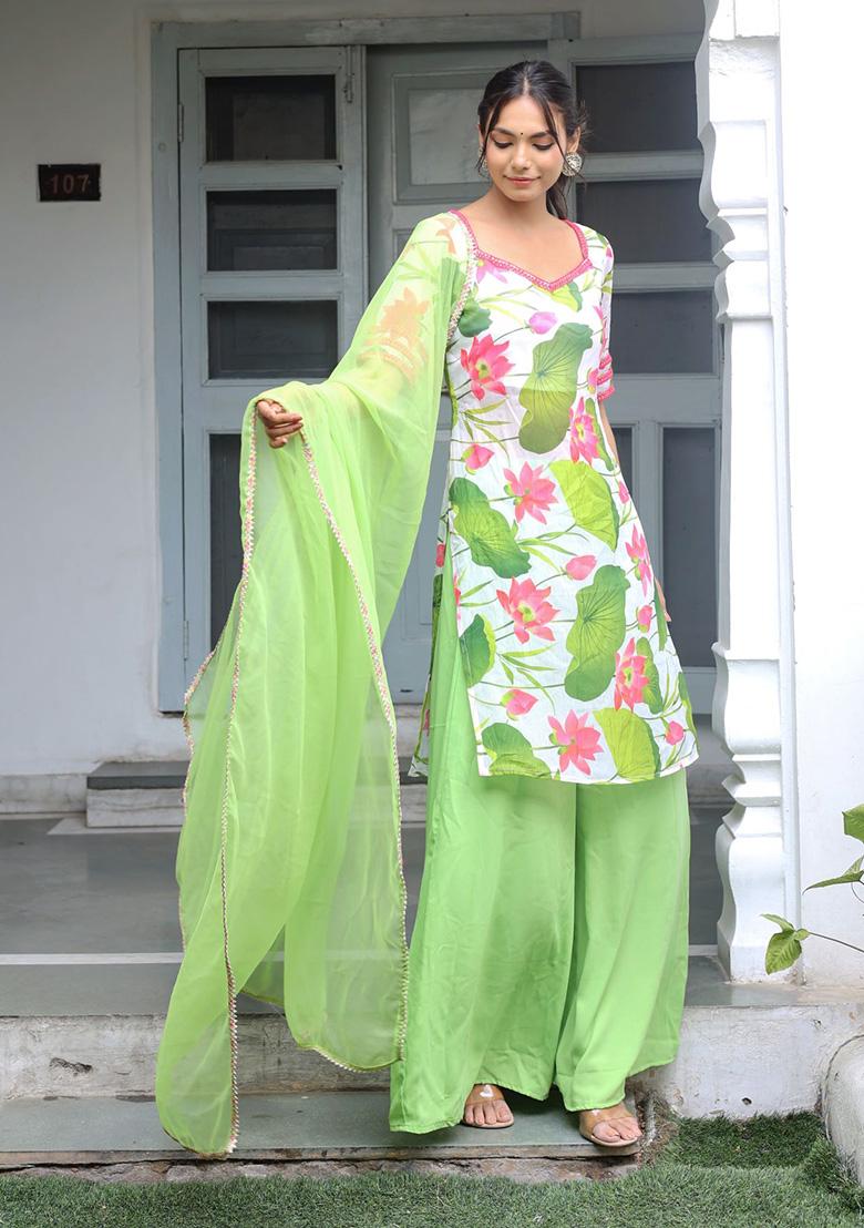 Green Printed Chiffon Kurta Set - Indya