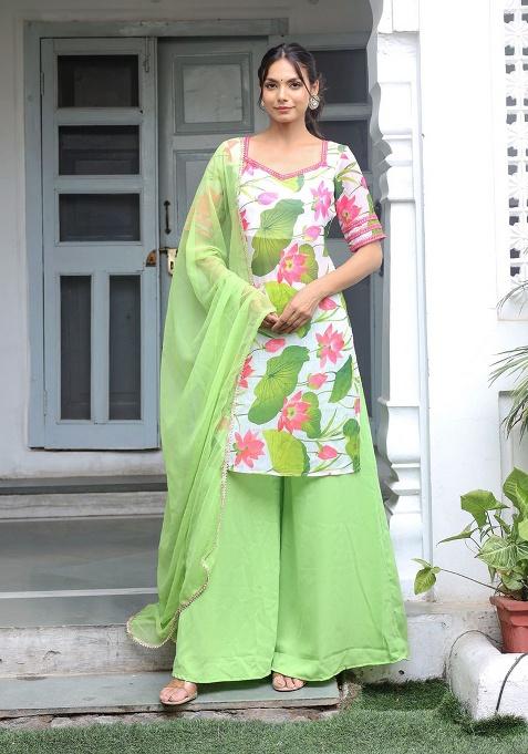 Green Printed Chiffon Kurta Set