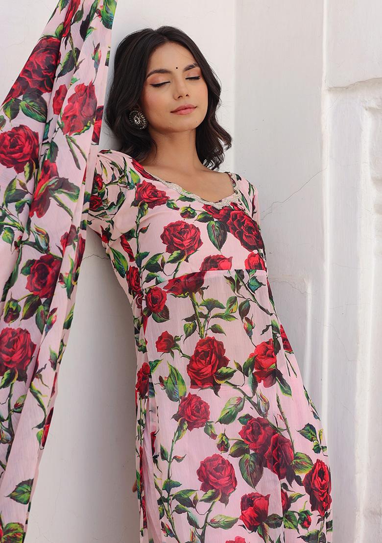 Pink Printed Chiffon Kurta Set - Indya