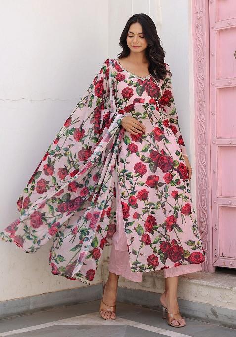 Pink Printed Chiffon Kurta Set