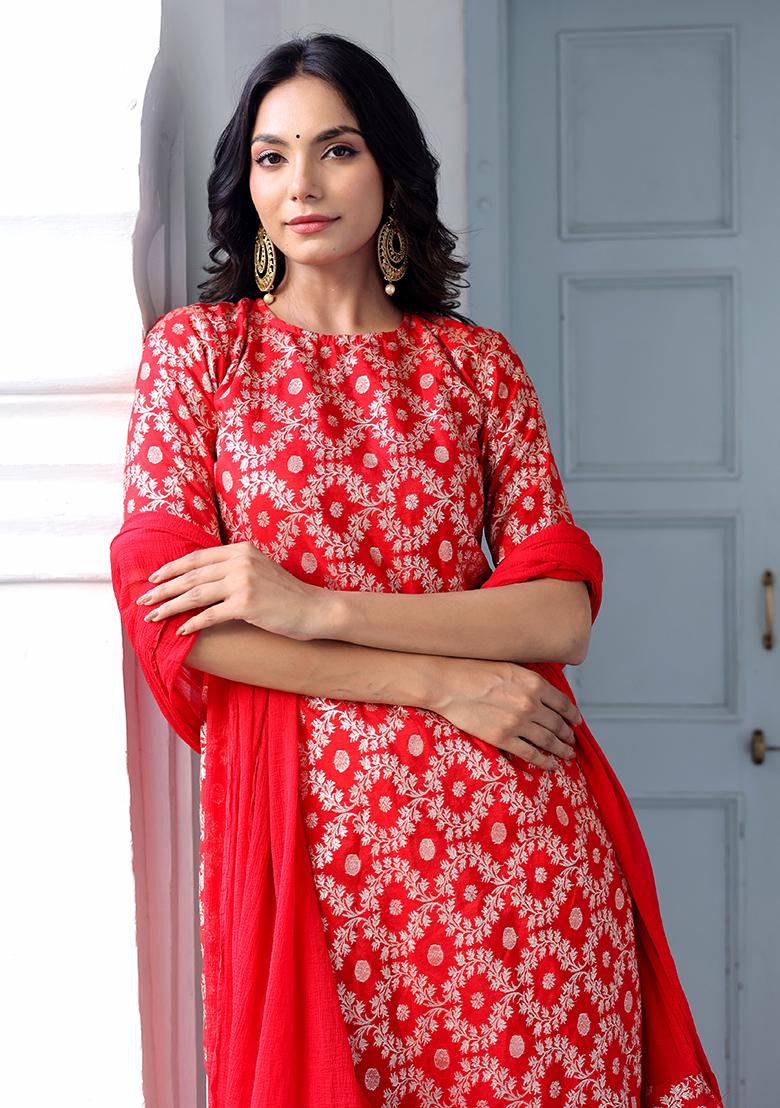 Red Motif Brocade Kurta Set - Indya