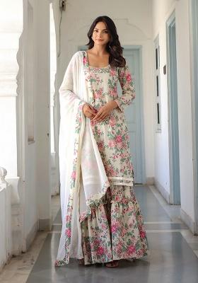 Off White Printed Cotton Kurta Set