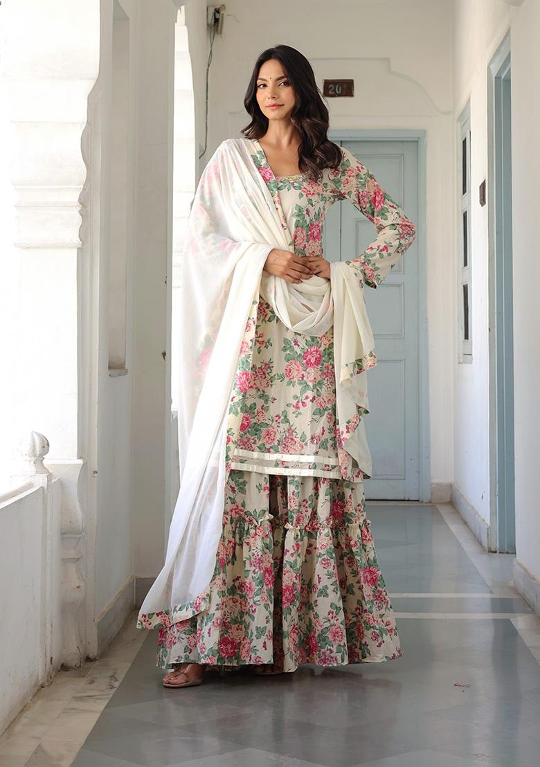 Off White Printed Cotton Kurta Set - Indya
