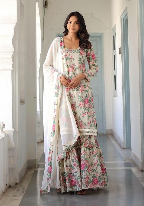 Off White Printed Cotton Kurta Set