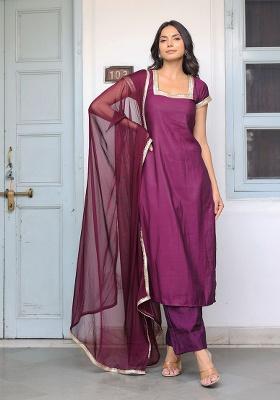 Wine Solid Muslin Straight Kurta Set