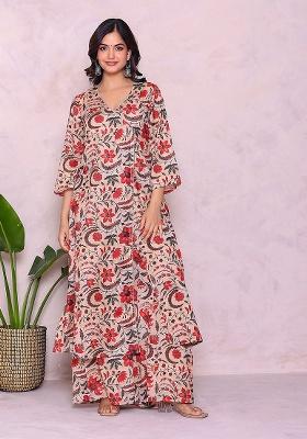 Beige Printed Muslin Kurta Set