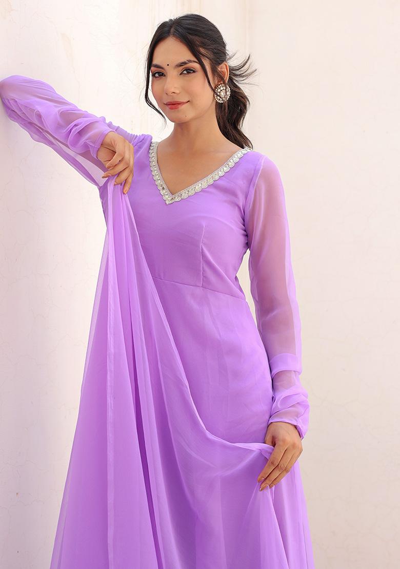 Lavender Motif Georgette Kurta Set - Indya