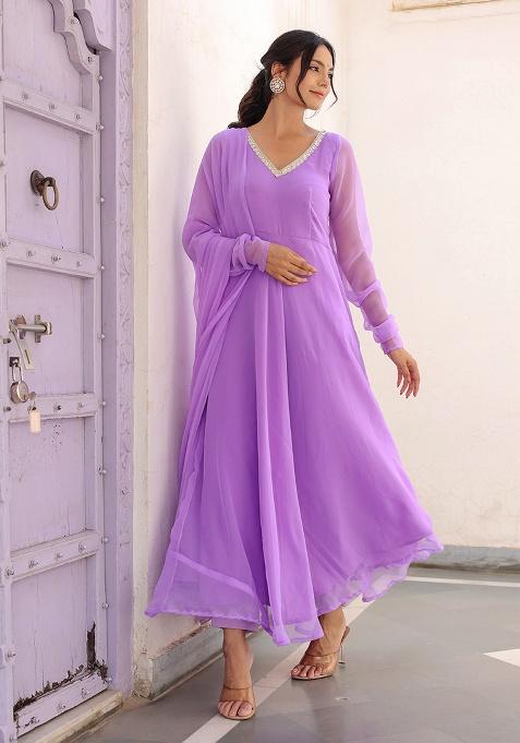 Lavender Motif Georgette Kurta Set