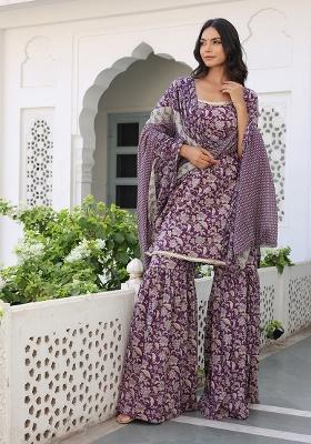 Wine Printed Cotton Kurta Set