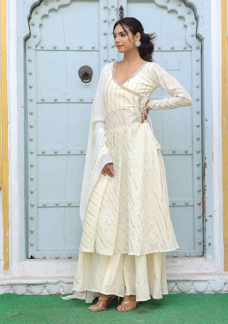 Off White Zari Work Cotton Sharara Set - Indya