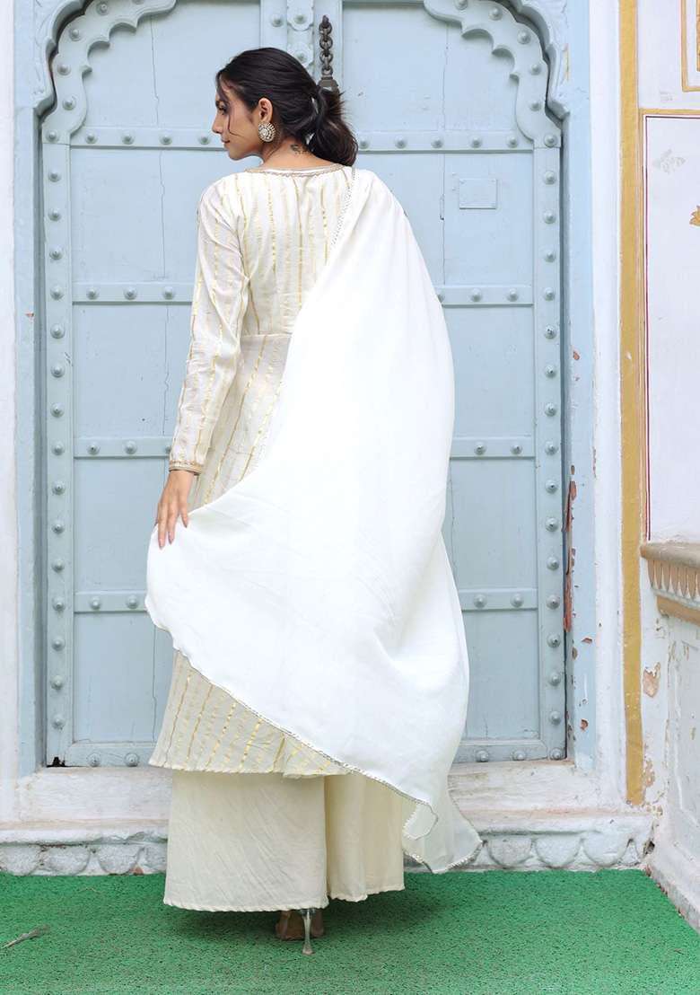 Off White Zari Work Cotton Sharara Set - Indya